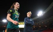 11 October 2022; Republic of Ireland manager Vera Pauw and Megan Campbell before the FIFA Women's World Cup 2023 Play-off match between Scotland and Republic of Ireland at Hampden Park in Glasgow, Scotland. Photo by Stephen McCarthy/Sportsfile