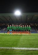 11 October 2022; The Republic of Ireland team, from left, Katie McCabe, Courtney Brosnan, Louise Quinn, Niamh Fahey, Megan Campbell, Diane Caldwell, Denise O'Sullivan, Lily Agg, Áine O'Gorman, Heather Payne and Jamie Finn stand for the playing of the National Anthem before the FIFA Women's World Cup 2023 Play-off match between Scotland and Republic of Ireland at Hampden Park in Glasgow, Scotland. Photo by Stephen McCarthy/Sportsfile
