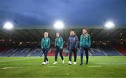 11 October 2022; Republic of Ireland players, from left, Claire O'Riordan, Niamh Farrelly, Grace Moloney and Megan Walsh before the FIFA Women's World Cup 2023 Play-off match between Scotland and Republic of Ireland at Hampden Park in Glasgow, Scotland. Photo by Stephen McCarthy/Sportsfile