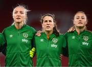 11 October 2022; Republic of Ireland players, from left, Louise Quinn, Niamh Fahey and Megan Campbell stand for the playing of the National Anthem before the FIFA Women's World Cup 2023 Play-off match between Scotland and Republic of Ireland at Hampden Park in Glasgow, Scotland. Photo by Stephen McCarthy/Sportsfile