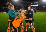 11 October 2022; Republic of Ireland players, from left, Claire O'Riordan, Diane Caldwell, 7, Louise Quinn, Amber Barrett and Niamh Farrelly, 22, celebrate after the FIFA Women's World Cup 2023 Play-off match between Scotland and Republic of Ireland at Hampden Park in Glasgow, Scotland. Photo by Stephen McCarthy/Sportsfile