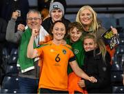 11 October 2022; Megan Campbell of Republic of Ireland celebrates with family after the FIFA Women's World Cup 2023 Play-off match between Scotland and Republic of Ireland at Hampden Park in Glasgow, Scotland. Photo by Stephen McCarthy/Sportsfile