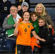 11 October 2022; Megan Campbell of Republic of Ireland celebrates with family after the FIFA Women's World Cup 2023 Play-off match between Scotland and Republic of Ireland at Hampden Park in Glasgow, Scotland. Photo by Stephen McCarthy/Sportsfile