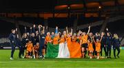 11 October 2022; Republic of Ireland players and staff celebrate with manager Vera Pauw after the FIFA Women's World Cup 2023 Play-off match between Scotland and Republic of Ireland at Hampden Park in Glasgow, Scotland. Photo by Stephen McCarthy/Sportsfile