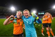 11 October 2022; Republic of Ireland's Amber Barrett, left, and goalkeeper Courtney Brosnan celebrate after the FIFA Women's World Cup 2023 Play-off match between Scotland and Republic of Ireland at Hampden Park in Glasgow, Scotland. Photo by Stephen McCarthy/Sportsfile