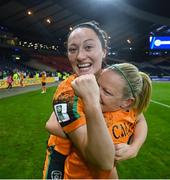 11 October 2022; Megan Campbell and Diane Caldwell, right, of Republic of Ireland celebrate after the FIFA Women's World Cup 2023 Play-off match between Scotland and Republic of Ireland at Hampden Park in Glasgow, Scotland. Photo by Stephen McCarthy/Sportsfile