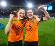 11 October 2022; Megan Campbell, left, and Niamh Fahey of Republic of Ireland celebrate after the FIFA Women's World Cup 2023 Play-off match between Scotland and Republic of Ireland at Hampden Park in Glasgow, Scotland. Photo by Stephen McCarthy/Sportsfile