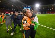 11 October 2022; Katie McCabe of Republic of Ireland celebrates with her sister Lauryn after the FIFA Women's World Cup 2023 Play-off match between Scotland and Republic of Ireland at Hampden Park in Glasgow, Scotland. Photo by Stephen McCarthy/Sportsfile