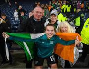 11 October 2022; Saoirse Noonan of Republic of Ireland and family celebrate after the FIFA Women's World Cup 2023 Play-off match between Scotland and Republic of Ireland at Hampden Park in Glasgow, Scotland. Photo by Stephen McCarthy/Sportsfile