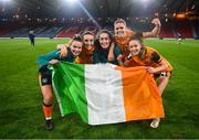 11 October 2022; Republic of Ireland players, from left, Saoirse Noonan, Niamh Farrelly, Roma McLaughlin, Jamie Finn and Heather Payne celebrate after the FIFA Women's World Cup 2023 Play-off match between Scotland and Republic of Ireland at Hampden Park in Glasgow, Scotland. Photo by Stephen McCarthy/Sportsfile
