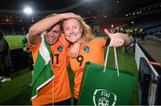 11 October 2022; Jamie Finn, left, and Amber Barrett of Republic of Ireland celebrate after the FIFA Women's World Cup 2023 Play-off match between Scotland and Republic of Ireland at Hampden Park in Glasgow, Scotland. Photo by Stephen McCarthy/Sportsfile