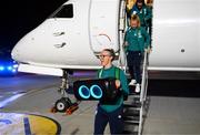 12 October 2022; Republic of Ireland's Louise Quinn on the team's return to Dublin Airport after securing their qualification for the FIFA Women's World Cup 2023 in Australia and New Zealand following their play-off victory over Scotland at Hampden Park on Tuesday. Photo by Stephen McCarthy/Sportsfile