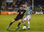 13 October 2022; Martin Linnes of Molde in action against Sean Kavanagh of Shamrock Rovers during the UEFA Europa Conference League group F match between Shamrock Rovers and Molde at Tallaght Stadium in Dublin. Photo by Seb Daly/Sportsfile