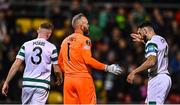 13 October 2022; Roberto Lopes of Shamrock Rovers celebrates with Shamrock Rovers goalkeeper Alan Mannus after he makes a save during the UEFA Europa Conference League group F match between Shamrock Rovers and Molde at Tallaght Stadium in Dublin. Photo by Eóin Noonan/Sportsfile