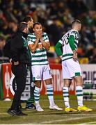 13 October 2022; Graham Burke of Shamrock Rovers reacts after his side conceded a second goal during the UEFA Europa Conference League group F match between Shamrock Rovers and Molde at Tallaght Stadium in Dublin. Photo by Eóin Noonan/Sportsfile