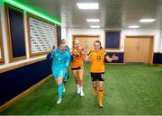 11 October 2022; Republic of Ireland players, from left, Courtney Brosnan, Hayley Nolan and Áine O'Gorman celebrate after the FIFA Women's World Cup 2023 Play-off match between Scotland and Republic of Ireland at Hampden Park in Glasgow, Scotland. Photo by Stephen McCarthy/Sportsfile