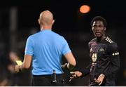 13 October 2022; David Fofana of Molde and referee Dario Bel during the UEFA Europa Conference League group F match between Shamrock Rovers and Molde at Tallaght Stadium in Dublin. Photo by Seb Daly/Sportsfile