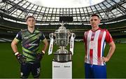 14 October 2022; In attendance during the Extra.ie FAI Men's Cup semi-final media day are, Brian Maher of Derry City, left, and Enda Curran of Treaty United, at the Aviva Stadium in Dublin. Photo by Sam Barnes/Sportsfile