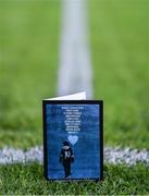 14 October 2022; A detailed view of the matchday programme featuring the names of the 10 people who lost their lives in the Creeslough tragedy in Donegal before the SSE Airtricity League Premier Division match between Finn Harps and Dundalk at Finn Park in Ballybofey, Donegal. Photo by Ben McShane/Sportsfile