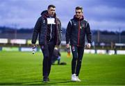 14 October 2022; Brian Gartland, left, and Darragh Leahy of Dundalk before the SSE Airtricity League Premier Division match between Finn Harps and Dundalk at Finn Park in Ballybofey, Donegal. Photo by Ben McShane/Sportsfile