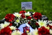 14 October 2022; A detailed view of a wreath, presented by all of the Dundalk players and staff, to be given to Finn Harps in remembrance of the 10 people who lost their lives in the Creeslough tragedy in Donegal before the SSE Airtricity League Premier Division match between Finn Harps and Dundalk at Finn Park in Ballybofey, Donegal. Photo by Ben McShane/Sportsfile