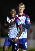 14 October 2022; Serge Atakayi of St Patrick's Athletic, left, celebrates with teammate Chris Forrester after scoring their side's first goal during the SSE Airtricity League Premier Division match between St Patrick's Athletic and Bohemians at Richmond Park in Dublin. Photo by Seb Daly/Sportsfile
