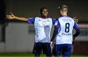 14 October 2022; Serge Atakayi of St Patrick's Athletic, left, celebrates with teammate Chris Forrester after scoring their side's first goal during the SSE Airtricity League Premier Division match between St Patrick's Athletic and Bohemians at Richmond Park in Dublin. Photo by Seb Daly/Sportsfile