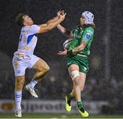 14 October 2022; Liam Turner of Leinster contests a high ball with Mack Hansen of Connacht during the United Rugby Championship match between Connacht and Leinster at The Sportsground in Galway. Photo by Harry Murphy/Sportsfile