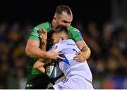 14 October 2022; Ross Byrne of Leinster is tackled by Peter Dooley of Connacht  during the United Rugby Championship match between Connacht and Leinster at The Sportsground in Galway. Photo by Harry Murphy/Sportsfile