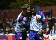 14 October 2022; Tunde Owolabi of St Patrick's Athletic, right, celebrates with teammate Barry Cotter after scoring their side's third goal during the SSE Airtricity League Premier Division match between St Patrick's Athletic and Bohemians at Richmond Park in Dublin. Photo by Seb Daly/Sportsfile