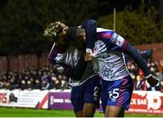 14 October 2022; Tunde Owolabi of St Patrick's Athletic, right, celebrates with teammate Barry Cotter after scoring their side's third goal during the SSE Airtricity League Premier Division match between St Patrick's Athletic and Bohemians at Richmond Park in Dublin. Photo by Seb Daly/Sportsfile