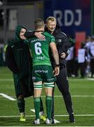 14 October 2022; Leinster head coach Leo Cullen embraces Josh Murphy of Connacht after the United Rugby Championship match between Connacht and Leinster at The Sportsground in Galway. Photo by Harry Murphy/Sportsfile