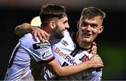 14 October 2022; Joe Adams, left, and Lewis Macari of Dundalk celebrate after the SSE Airtricity League Premier Division match between Finn Harps and Dundalk at Finn Park in Ballybofey, Donegal. Photo by Ben McShane/Sportsfile