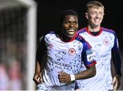 14 October 2022; Serge Atakayi of St Patrick's Athletic celebrates after scoring his side's first goal during the SSE Airtricity League Premier Division match between St Patrick's Athletic and Bohemians at Richmond Park in Dublin. Photo by Seb Daly/Sportsfile