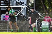 15 October 2022; Seán O'Brien of Naas, centre, makes his way to the pitch before the Energia All-Ireland League Division 1B match between Old Belvedere and Naas RFC at Old Belvedere RFC in Dublin. Photo by Sam Barnes/Sportsfile