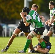15 October 2022; Seán O'Brien of Naas is tackled by Tom Mulcair, left, and Darragh O'Callaghan of Old Belvedere during the Energia All-Ireland League Division 1B match between Old Belvedere and Naas RFC at Old Belvedere RFC in Dublin. Photo by Sam Barnes/Sportsfile