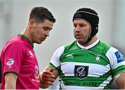 15 October 2022; Seán O'Brien of Naas speaking with referee Andrew Fogarty during the Energia All-Ireland League Division 1B match between Old Belvedere and Naas RFC at Old Belvedere RFC in Dublin. Photo by Sam Barnes/Sportsfile