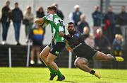 15 October 2022; Andrew Osborne of Naas is tackled by Ariel Robles of Old Belvedere during the Energia All-Ireland League Division 1B match between Old Belvedere and Naas RFC at Old Belvedere RFC in Dublin. Photo by Sam Barnes/Sportsfile