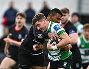 15 October 2022; Mark McDermott of Naas is tackled by Ariel Robles of Old Belvedere during the Energia All-Ireland League Division 1B match between Old Belvedere and Naas RFC at Old Belvedere RFC in Dublin. Photo by Sam Barnes/Sportsfile