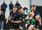 15 October 2022; Mark McDermott of Naas is tackled by Ariel Robles of Old Belvedere during the Energia All-Ireland League Division 1B match between Old Belvedere and Naas RFC at Old Belvedere RFC in Dublin. Photo by Sam Barnes/Sportsfile