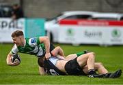 15 October 2022; Donal Conry of Naas is tackled by Conall Bird of Old Belvedere during the Energia All-Ireland League Division 1B match between Old Belvedere and Naas RFC at Old Belvedere RFC in Dublin. Photo by Sam Barnes/Sportsfile