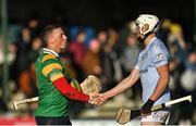 15 October 2022; South Liberties goalkeeper Anthony Nash, left, and William Henn of Na Piarsaigh after the Limerick County Senior Club Hurling Championship Semi-Final match between Na Piarsaigh and South Liberties at John Fitzgerald Park in Kilmallock, Limerick. Photo by Seb Daly/Sportsfile