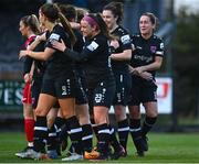 15 October 2022; Kylie Murphy of Wexford Youths, right, celebrates with teammates after scoring her side's third goal during the SSE Airtricity Women's National League match between Wexford Youths and Sligo Rovers at Ferrycarrig Park in Wexford. Photo by Eóin Noonan/Sportsfile