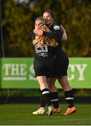 15 October 2022; Ciara Rossiter of Wexford Youths celebrates with teammate Mia Lenihan after scoring her side's fifth goal during the SSE Airtricity Women's National League match between Wexford Youths and Sligo Rovers at Ferrycarrig Park in Wexford. Photo by Eóin Noonan/Sportsfile