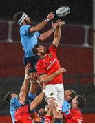 15 October 2022; Ruan Nortje of Vodacom Bulls and Jean Kleyn of Munster contest a lineout during the United Rugby Championship match between Munster and Vodacom Bulls at Thomond Park in Limerick. Photo by Brendan Moran/Sportsfile