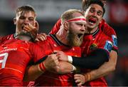 15 October 2022; Jeremy Loughman of Munster celebrates with team-mates Gavin Coombes, Craig Casey, Jean Kleyn and Joey Carbery after scoring their side's third try during the United Rugby Championship match between Munster and Vodacom Bulls at Thomond Park in Limerick. Photo by Brendan Moran/Sportsfile