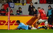 15 October 2022; WJ Steenkamp of Vodacom Bulls scores his side's first try during the United Rugby Championship match between Munster and Vodacom Bulls at Thomond Park in Limerick. Photo by Harry Murphy/Sportsfile