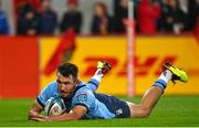 15 October 2022; David Kriel of Vodacom Bulls dives over to score his side's second try during the United Rugby Championship match between Munster and Vodacom Bulls at Thomond Park in Limerick. Photo by Harry Murphy/Sportsfile