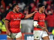 15 October 2022; Roman Salanoa and Malakai Fekitoa of Munster embrace after their side's victory in the United Rugby Championship match between Munster and Vodacom Bulls at Thomond Park in Limerick. Photo by Harry Murphy/Sportsfile