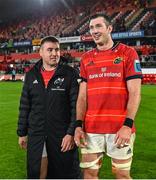 15 October 2022; Munster players Niall Scannell, left, and Thomas Ahern after the United Rugby Championship match between Munster and Vodacom Bulls at Thomond Park in Limerick. Photo by Brendan Moran/Sportsfile